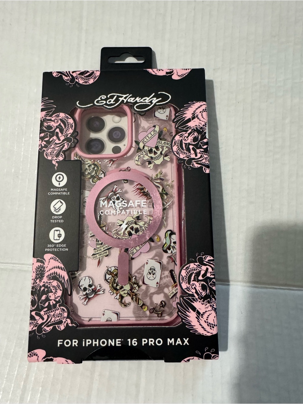 Ed Hardy Pink Skull Pattern MagSafe Case for iPhone 16 Pro Max BNWT